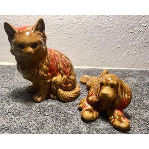 Lot Of 2 Cat & Dog Pottery Figurines Marked Carmel Caramel‎ Red Glaze Decorative